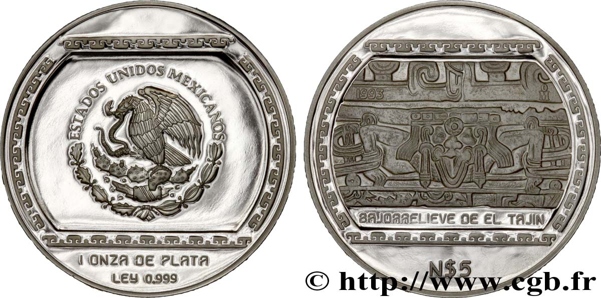 MEXICO 5 Nuevos Pesos or proof civilisations précolombiennes - série culture classique de Veracruz : aigle / bas relief de El Tajin 1993 Mexico MS 