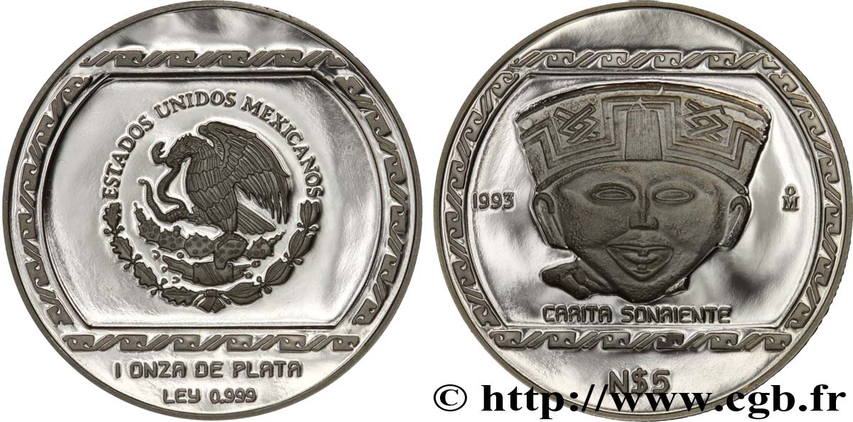 MEXICO 5 Nuevos Pesos or proof civilisations précolombiennes - série culture classique de Veracruz : aigle / tête souriante 1993 Mexico MS 