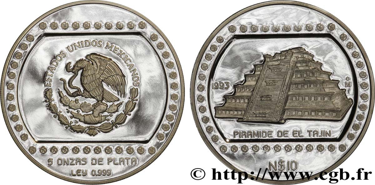 MÉXICO 10 Nuevos Pesos or proof civilisations précolombiennes - série culture classique de Veracruz : aigle / pyramide de El Tajin 1993 Mexico FDC 
