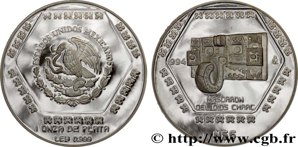 MEXICO 5 Nuevos Pesos or proof civilisations précolombiennes - série Maya : aigle / masque du dieu de la pluie Chaac 1994 Mexico MS 