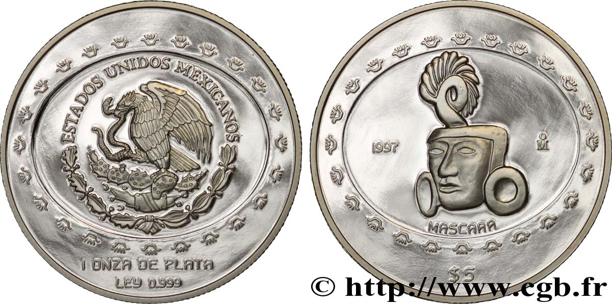 MEXIKO 5 Pesos or proof civilisations précolombiennes - série Teotihuacan : aigle / masque 1997 Mexico ST 