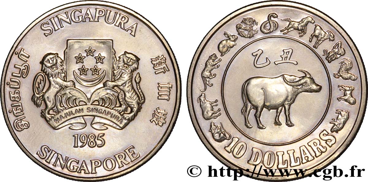 SINGAPUR 10 Dollars année du buffle : emblème / buffle 1985  fST 