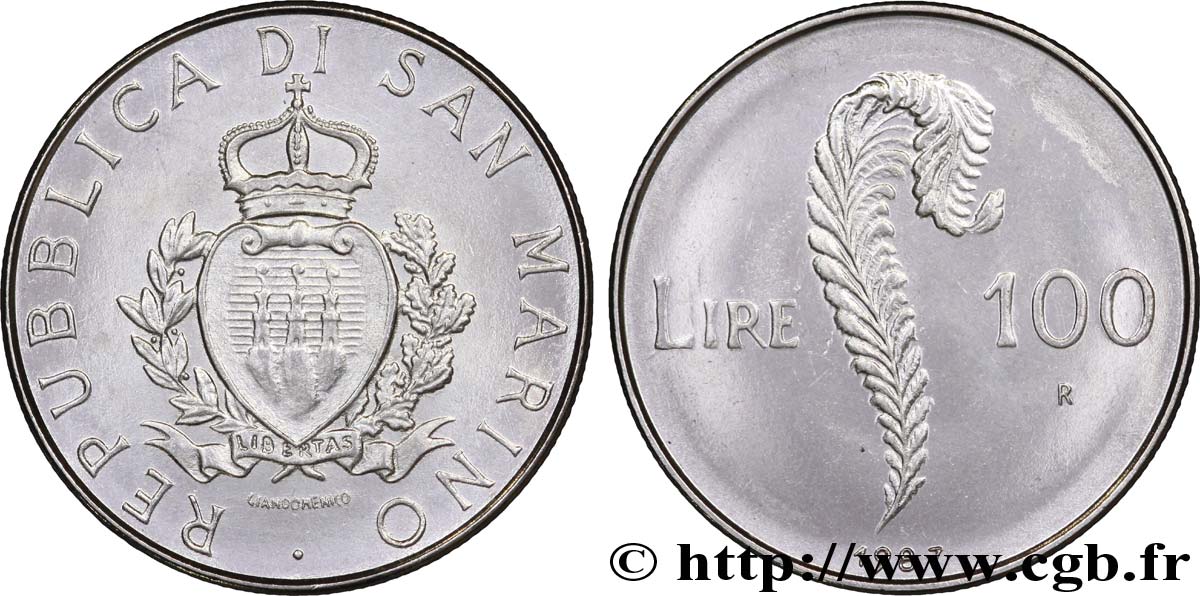 SAN MARINO 100 Lire 15e anniversaire de la reprise de la frappe monétaire 1987 Rome - R VZ 