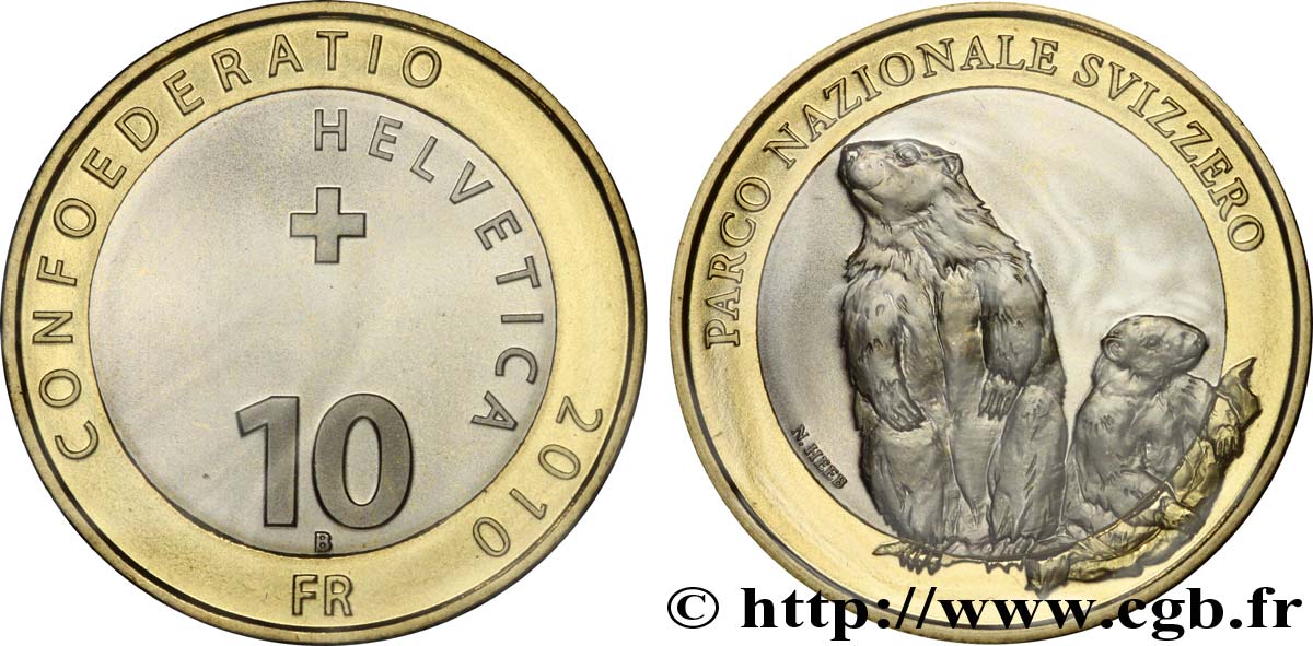 SWITZERLAND 10 Francs Parc National Suisse – marmottes 2010 Berne - B MS 