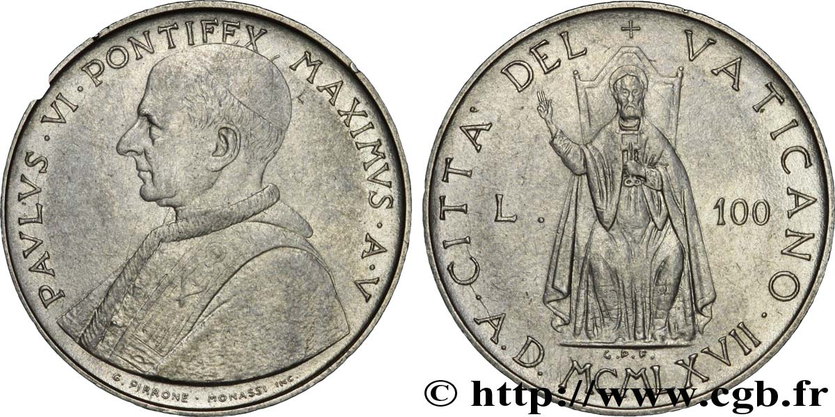 VATIKANSTAAT UND KIRCHENSTAAT 100 Lire Paul VI an V / Saint Pierre assis 1967 Rome VZ 