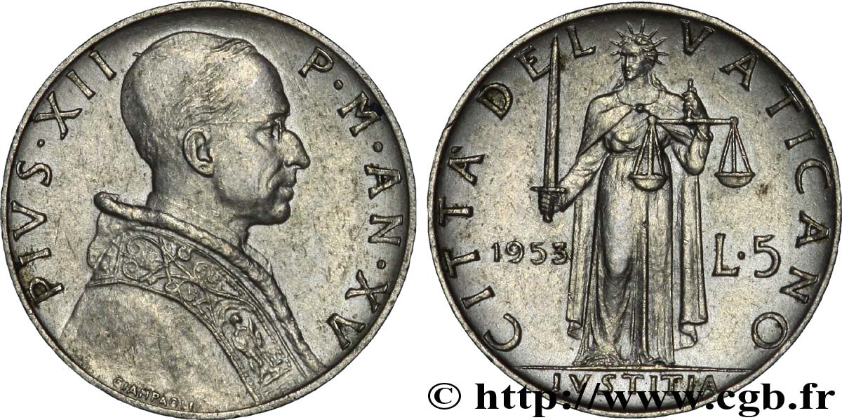 VATICAN AND PAPAL STATES 5 Lire Pie XII / la ‘Justice’ 1953 Rome - R MS 