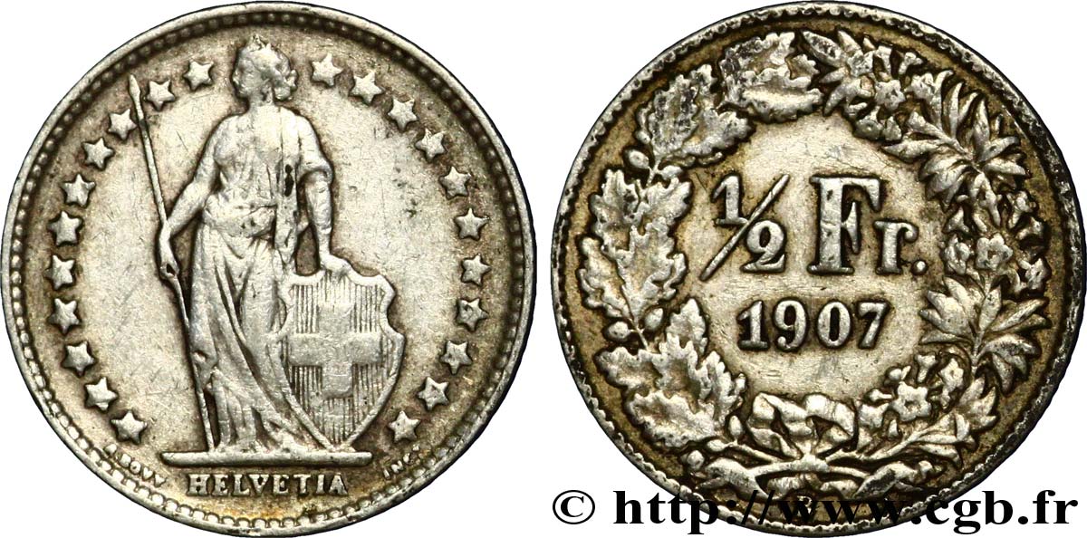 SUIZA 1/2 Franc Helvetia 1907 Berne - B BC+ 