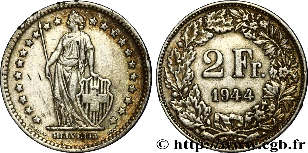 SWITZERLAND 2 Francs Helvetia 1944 Berne - B XF 