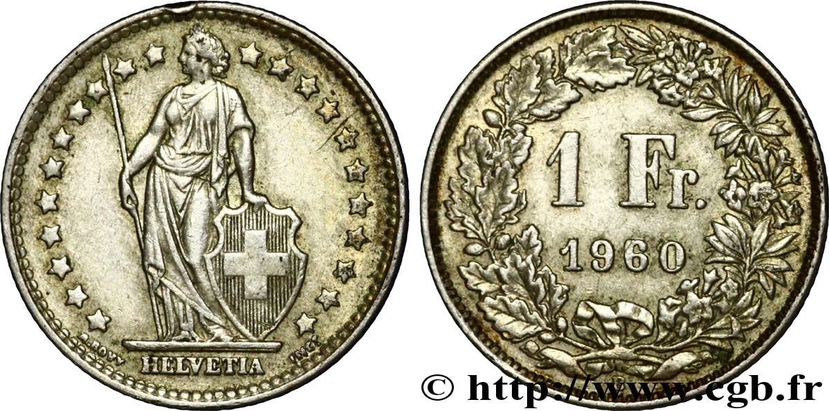 SWITZERLAND 1 Franc Helvetia 1960 Berne - B XF 