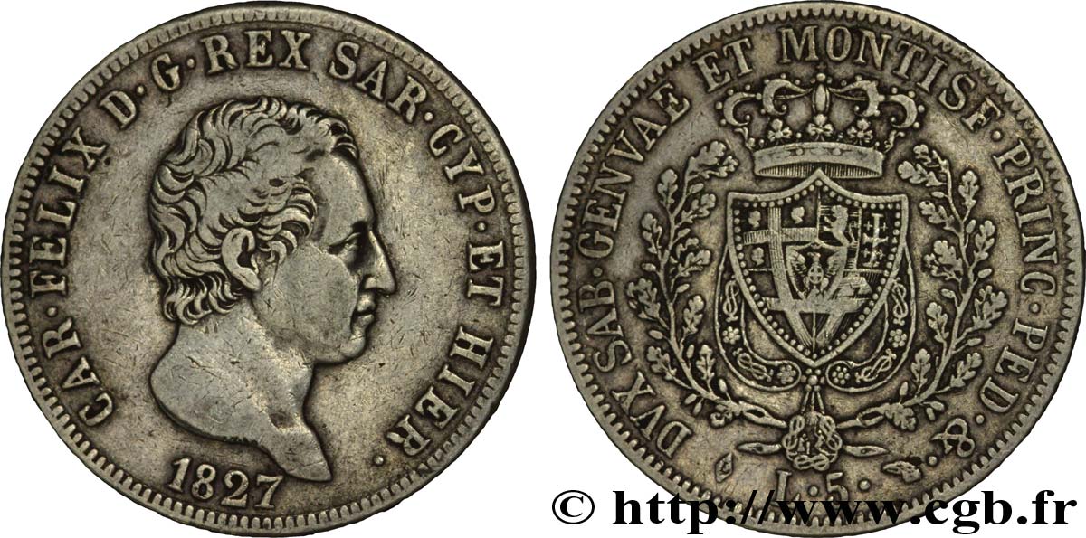 ITALY - KINGDOM OF SARDINIA 5 Lire Charles Félix 1827 Turin XF 
