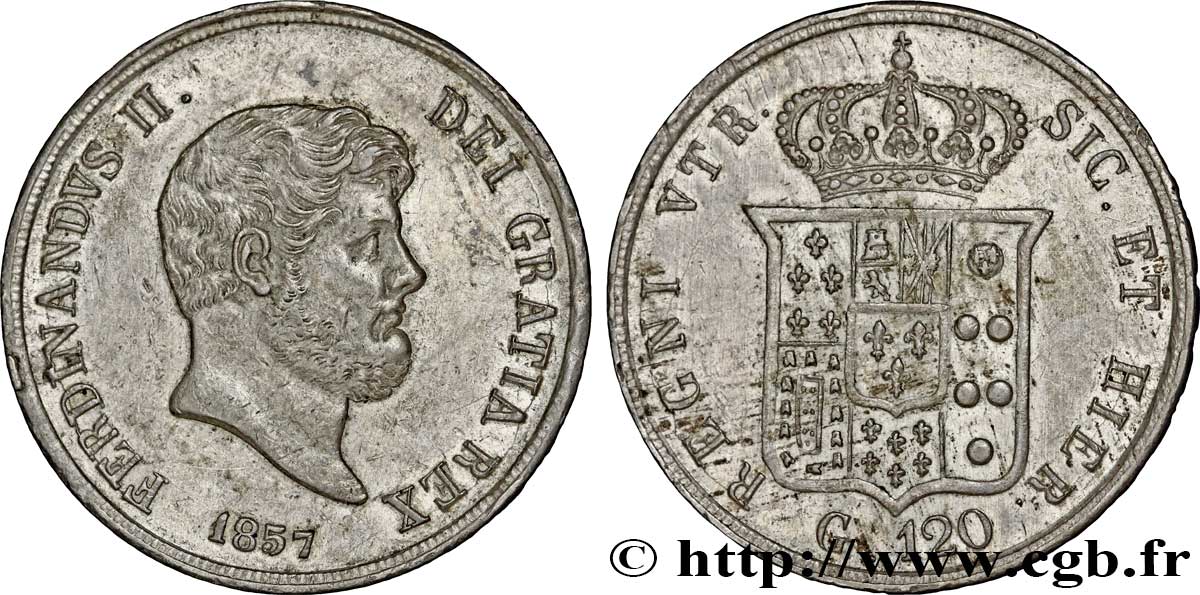 ITALIA - REINO DE LAS DOS SICILIAS 120 Grana Ferdinand II, roi de Naples et Sicile 1857 Naples MBC+ 
