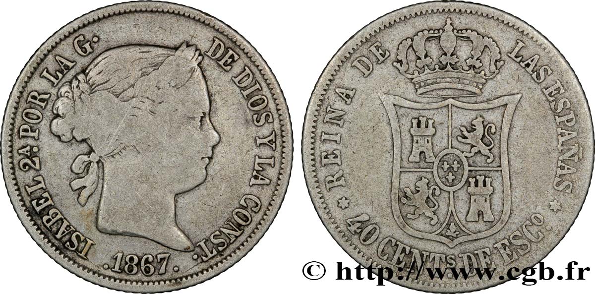 SPAIN 40 Centimos Isabelle II / écu couronné 1867 Madrid VF 