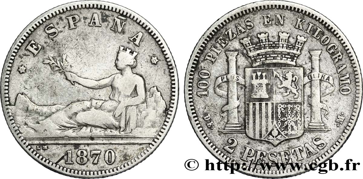 SPAGNA 2 Pesetas “ESPAÑA” allongée / emblème (1873) 1870 Madrid q.BB 