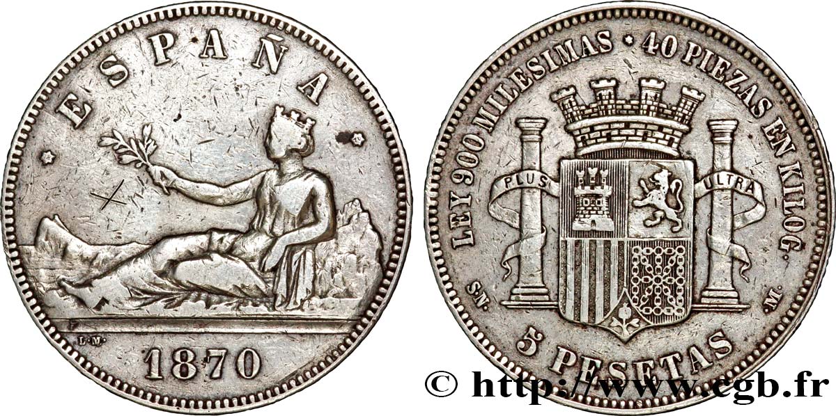 ESPAÑA 5 Pesetas “ESPAÑA” allongée (1870) 1870 Madrid BC+ 