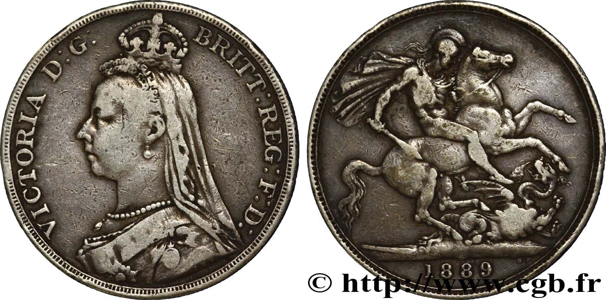 UNITED KINGDOM 1 Crown Victoria buste du jubilé / St Georges terrassant le dragon 1889  VF 
