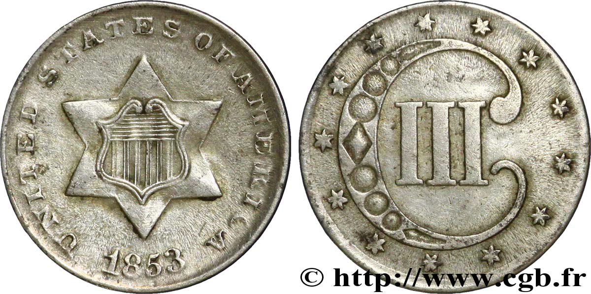 UNITED STATES OF AMERICA 3 Cents écu dans étoile 1853 Philadelphie XF 