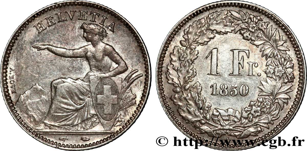 SWITZERLAND 1 Franc Helvetia assise 1850 Paris - A AU 