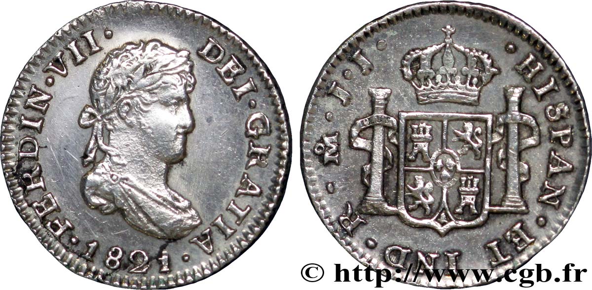 MÉXICO 1/2 Real Ferdinand VII / emblème JJ 1821 Mexico EBC 
