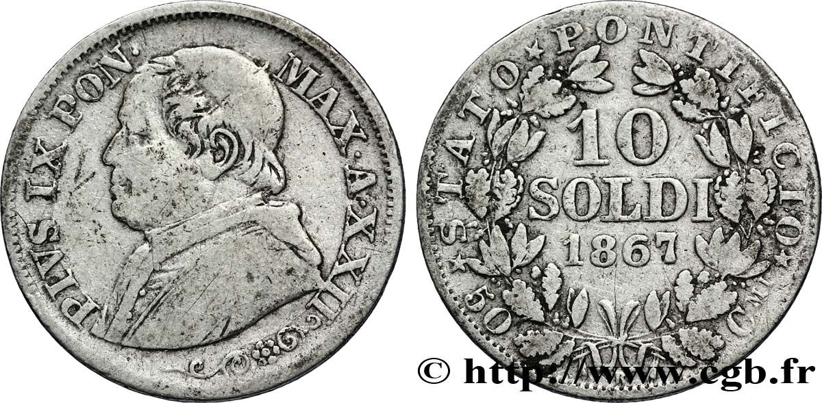 VATIKANSTAAT UND KIRCHENSTAAT 10 Soldi (50 Centesimi) Pie IX an XXII 1867 Rome S 