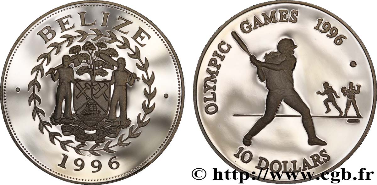 BELIZE 10 Dollars BE (proof) emblème / Jeux Olympiques de 1996 : joueurs de Base Ball 1996  fST 