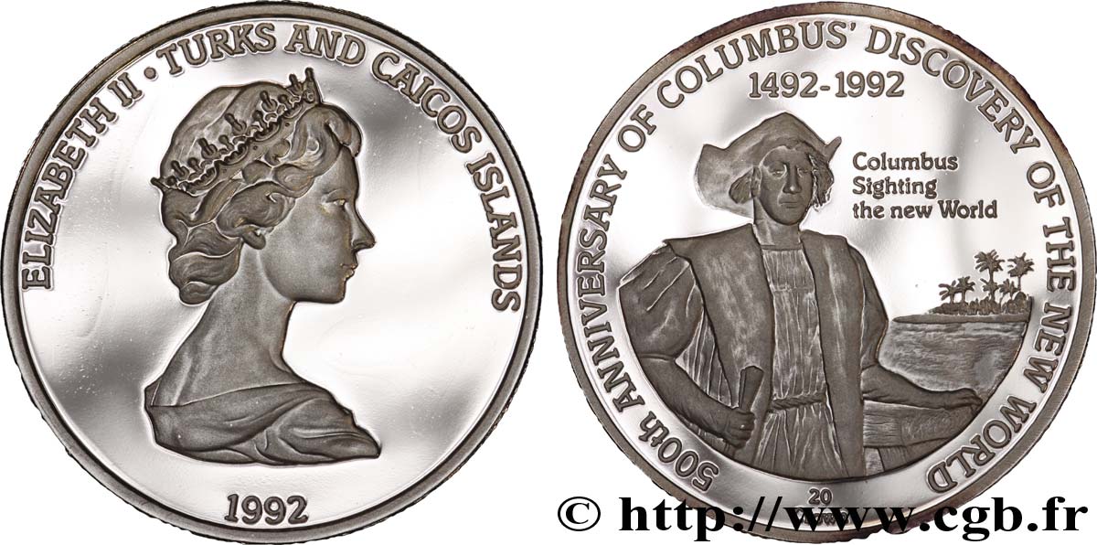 TURKS & CAICOS ISLANDS 20 Crowns BE (Proof) 500e anniversaire de la découverte de l’Amérique : Elisabeth II / Christophe Colomb 1992  MS 