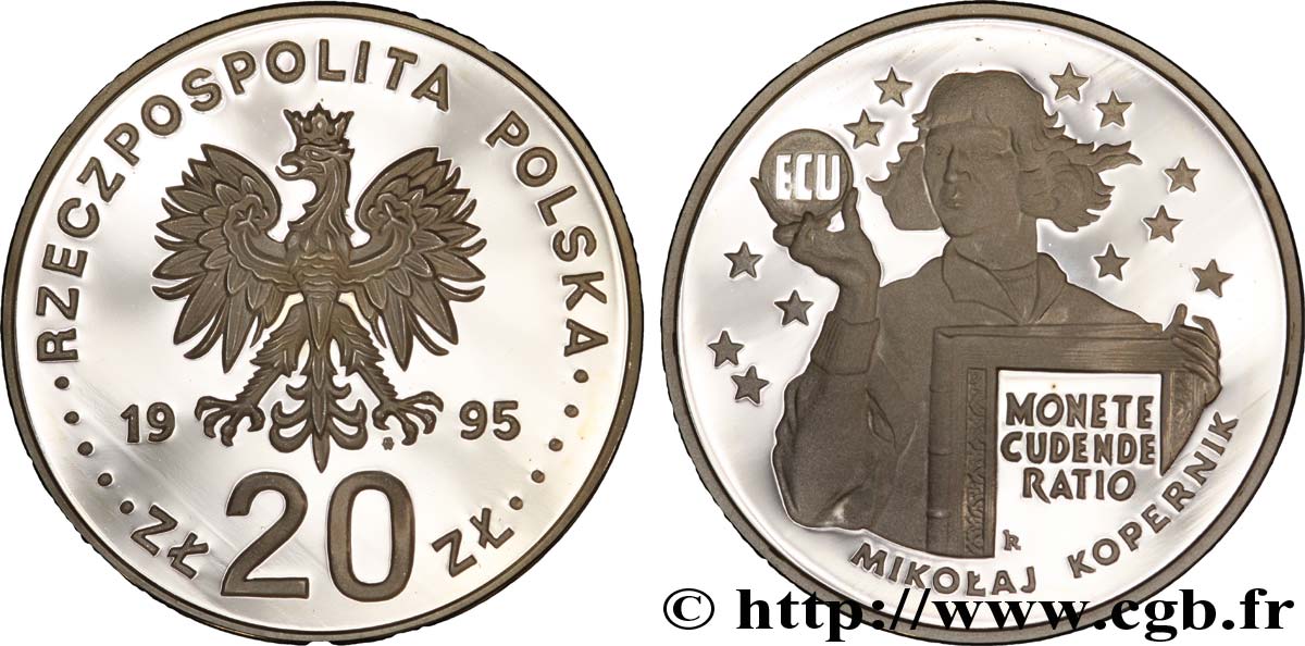POLAND 20 Zlotych proof Nicolas Copernic tenant l’ECU 1995 Varsovie MS 