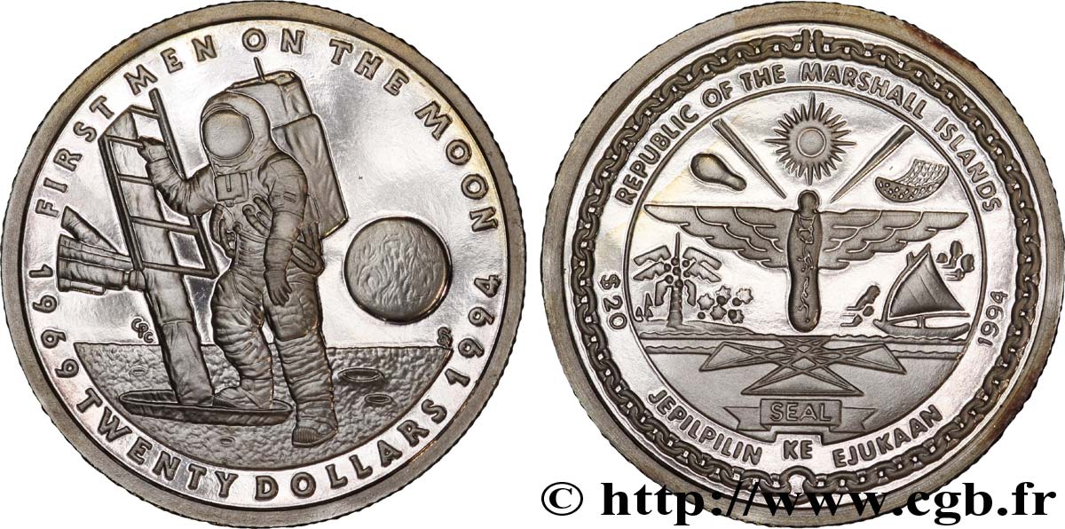 ISLAS MARSHALL 20 Dollars armes / 25e anniversaire du premier homme sur la Lune 1994  FDC 