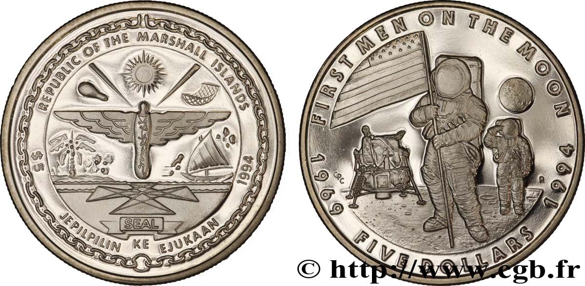 MARSHALL ISLANDS 5 Dollars armes / 25e anniversaire du premier homme sur la Lune, salut au drapeau 1994  MS 