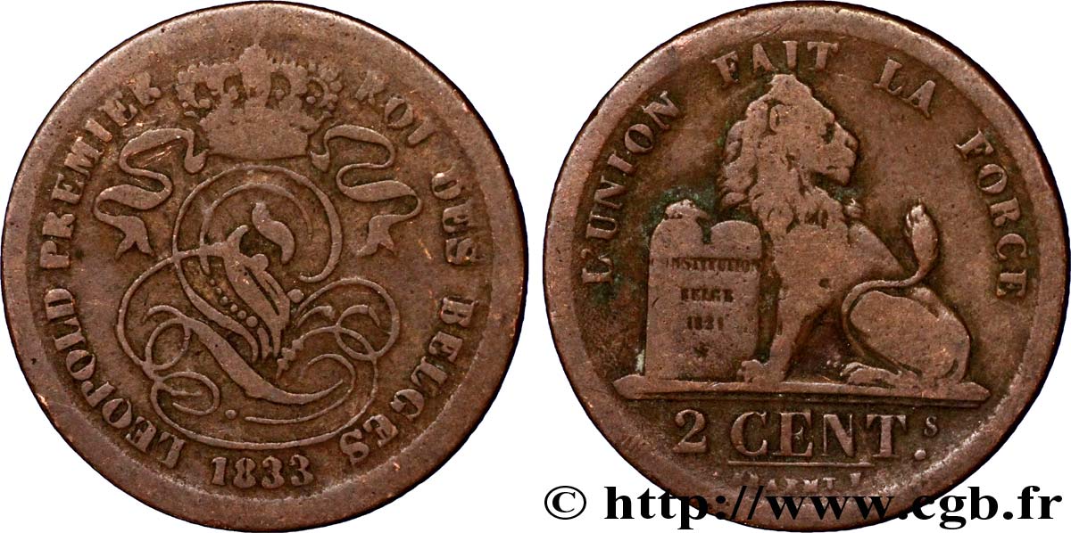 BÉLGICA 2 Centimes lion monogramme de Léopold Ier 1833  BC 