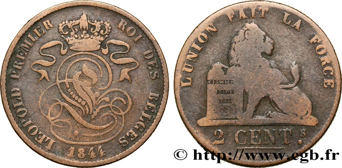 BÉLGICA 2 Centimes lion monogramme de Léopold Ier 1844  BC 