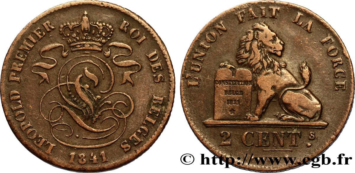 BELGIUM 2 Centimes lion monogramme de Léopold Ier 1841  XF 
