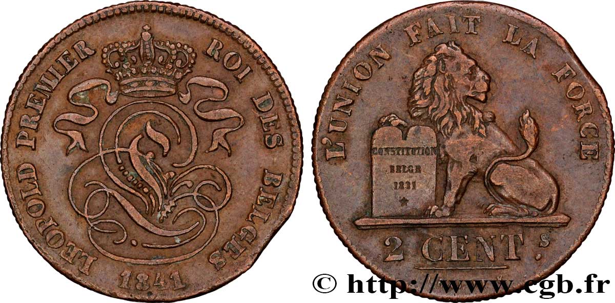 BÉLGICA 2 Centimes lion monogramme de Léopold Ier 1841  MBC+ 