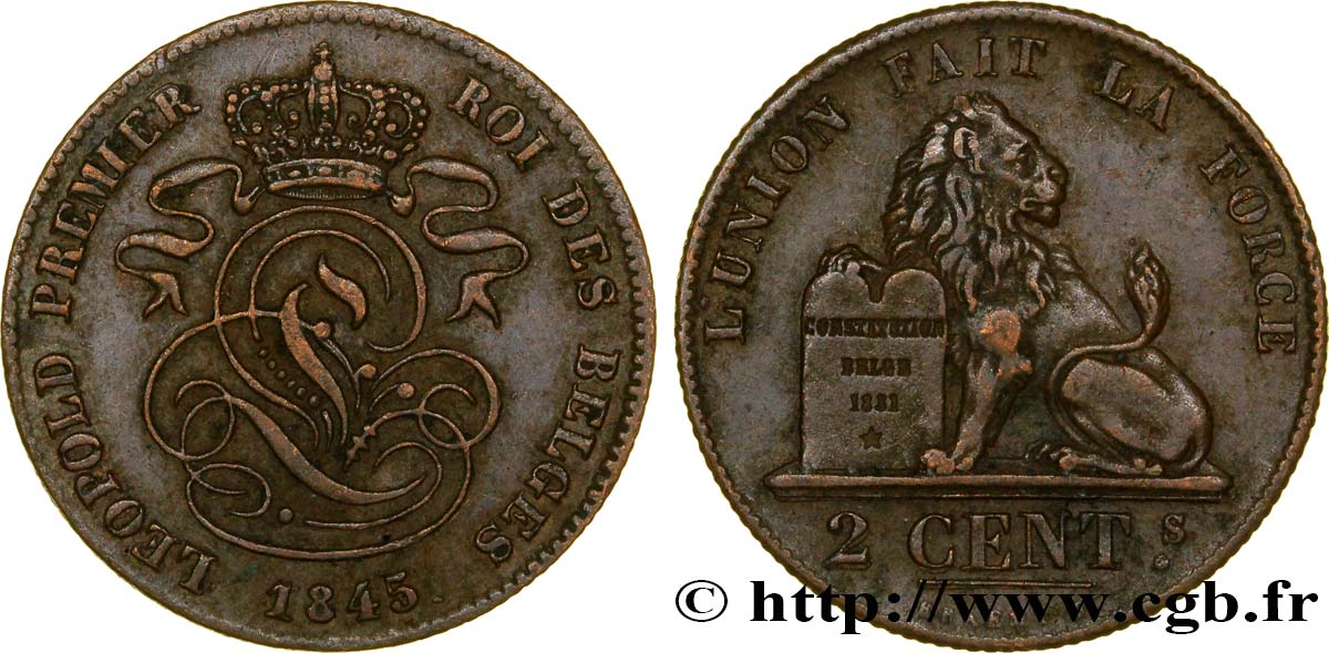 BELGIUM 2 Centimes lion monogramme de Léopold Ier 1845  AU 
