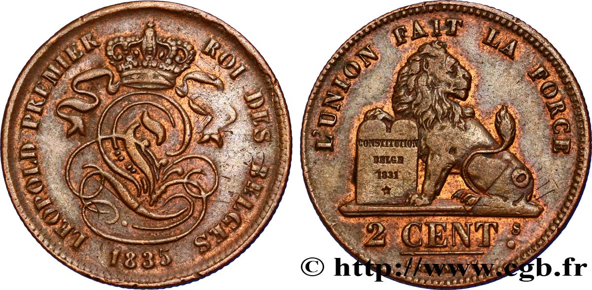 BELGIEN 2 Centimes lion monogramme de Léopold Ier frappée sur 1 Cent néerlandais 1835  VZ 