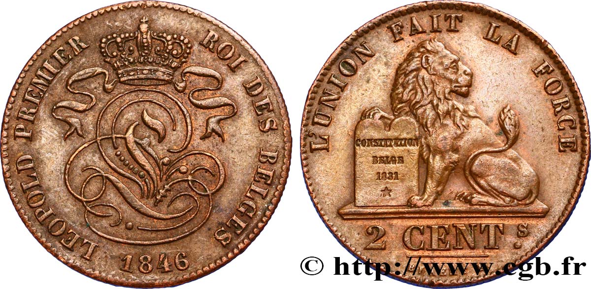 BELGIUM 2 Centimes lion monogramme de Léopold Ier 1846  AU 