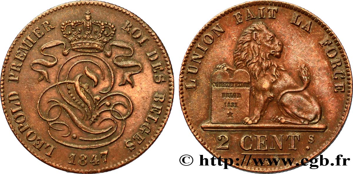 BÉLGICA 2 Centimes lion monogramme de Léopold Ier 1847  MBC+ 