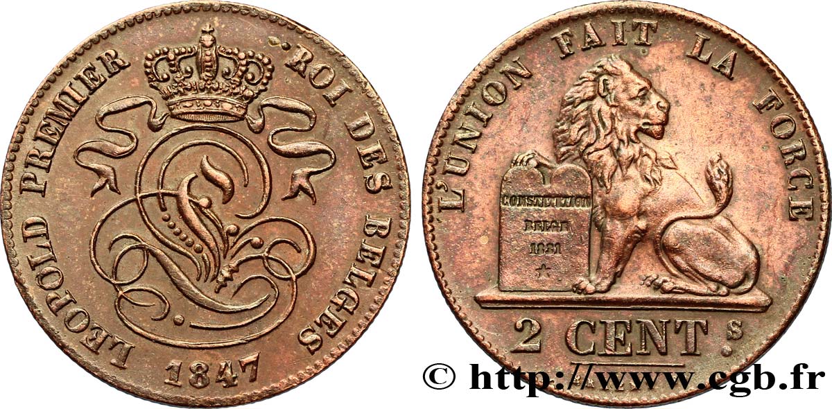 BELGIEN 2 Centimes lion monogramme de Léopold Ier 1847  fVZ 