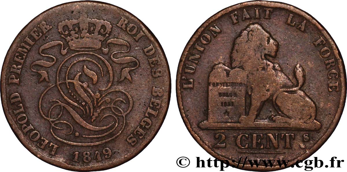 BÉLGICA 2 Centimes lion monogramme de Léopold Ier 1849  BC+ 