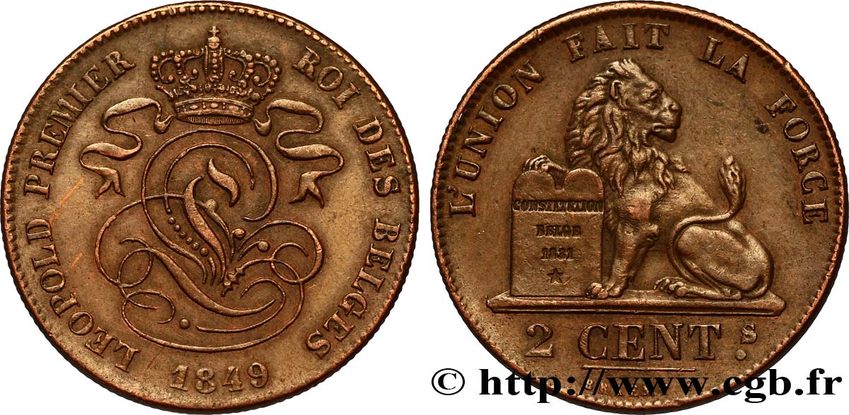 BELGIEN 2 Centimes lion monogramme de Léopold Ier 1849  VZ 