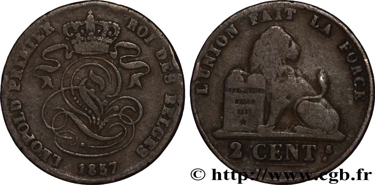 BELGIUM 2 Centimes lion monogramme de Léopold Ier 1857  VF 
