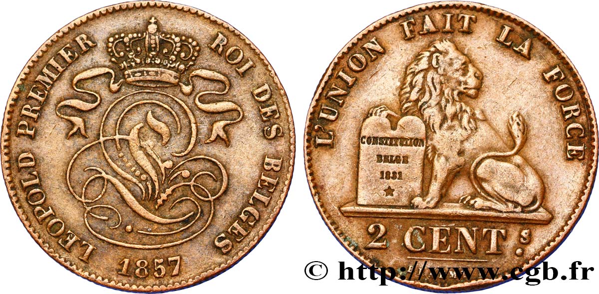 BELGIUM 2 Centimes lion monogramme de Léopold Ier 1857  AU 