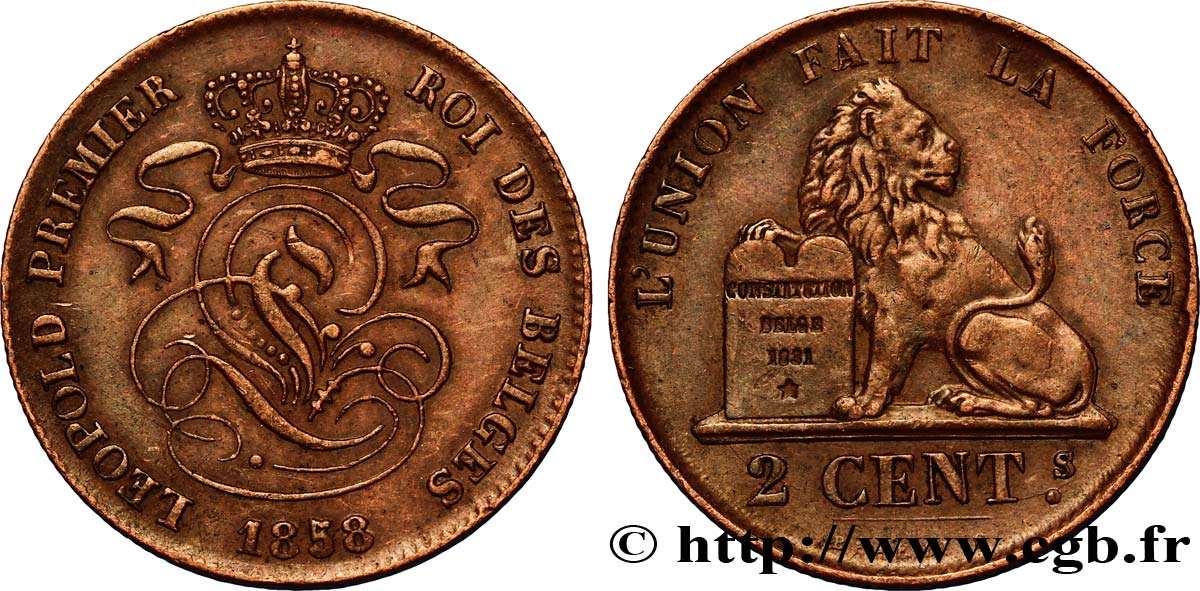 BELGIEN 2 Centimes lion monogramme de Léopold Ier 1858  VZ 