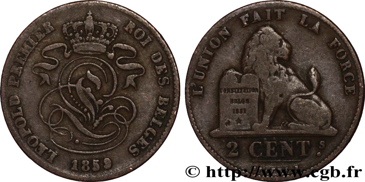 BÉLGICA 2 Centimes lion monogramme de Léopold Ier 1859  BC+ 