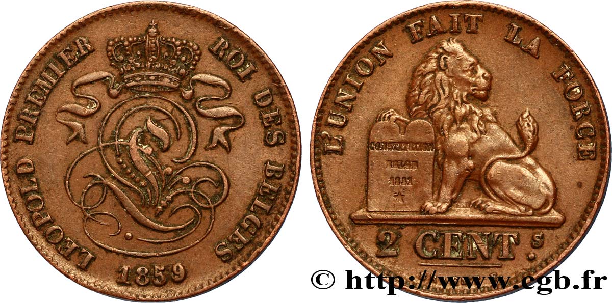BELGIEN 2 Centimes lion monogramme de Léopold Ier 1859  VZ 