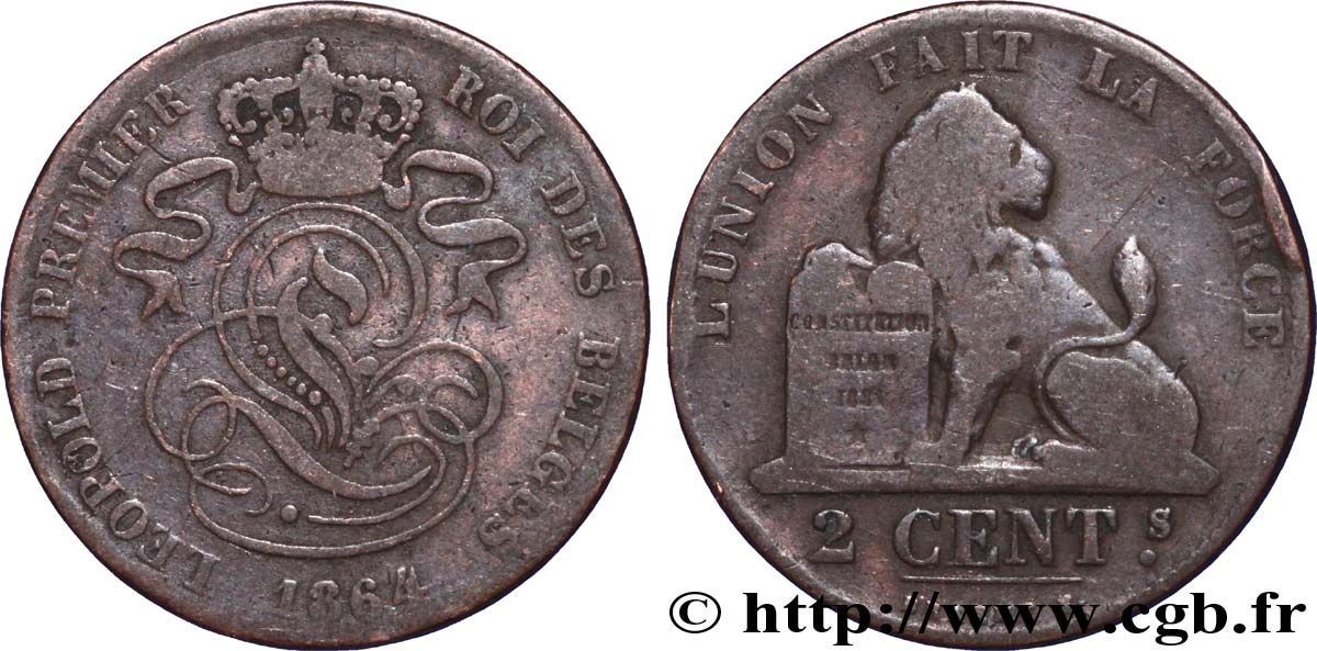 BELGIUM 2 Centimes lion monogramme de Léopold Ier 1864  VF 