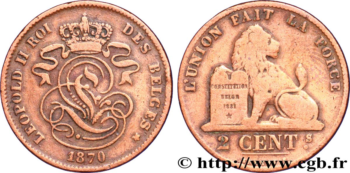 BELGIEN 2 Centimes lion monogramme de Léopold II 1870  S 