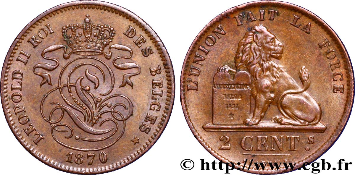 BELGIEN 2 Centimes lion monogramme de Léopold II 1870  VZ 