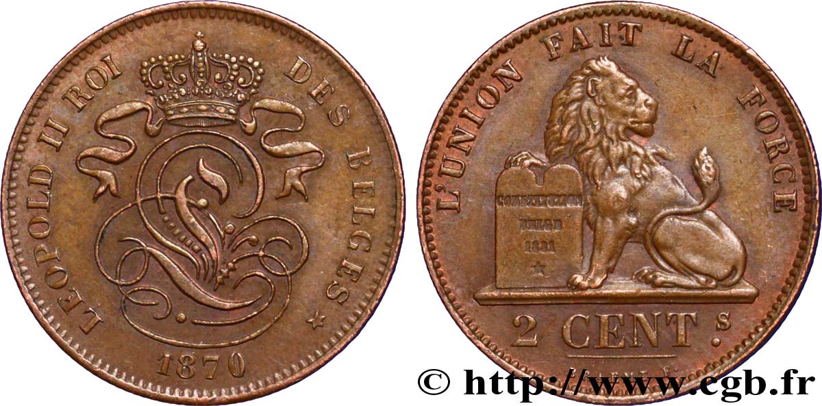 BELGIQUE 2 Centimes lion monogramme de Léopold II 1870  SUP 