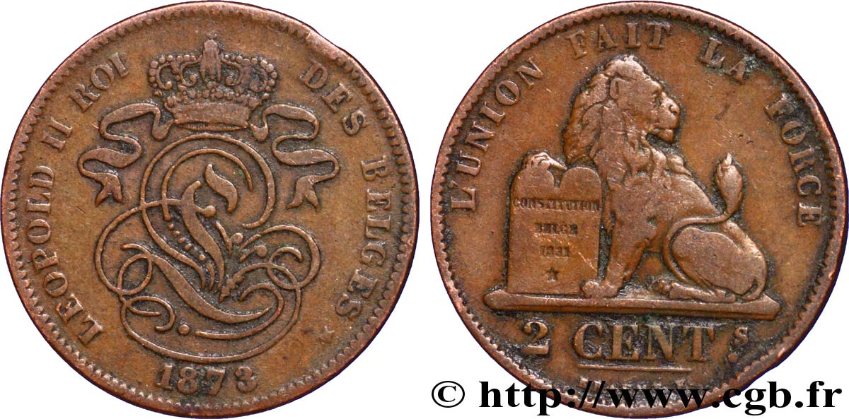 BÉLGICA 2 Centimes lion monogramme de Léopold II 1873  BC+ 