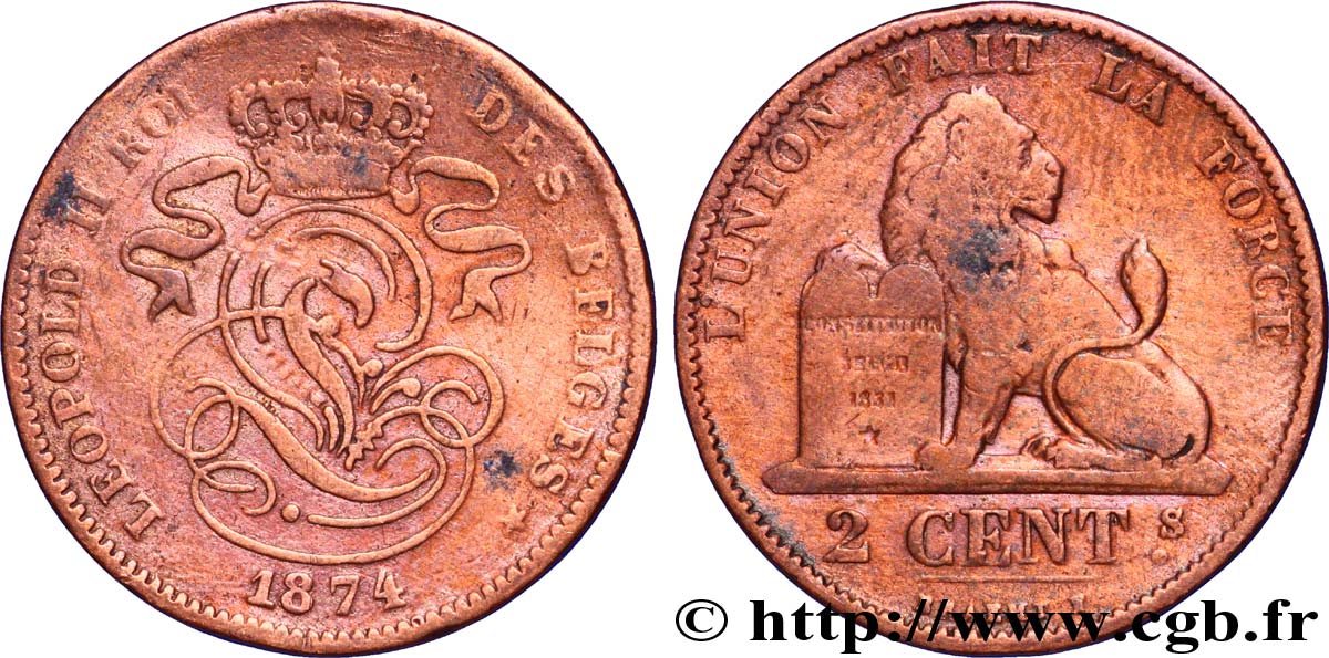 BELGIUM 2 Centimes lion monogramme de Léopold II 1874  VF 